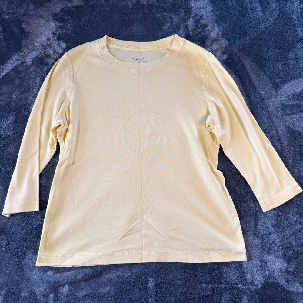 Kim Rogers Womens Medium Yellow 100% Cotton 3/4 Sleeve Crew Neck Top